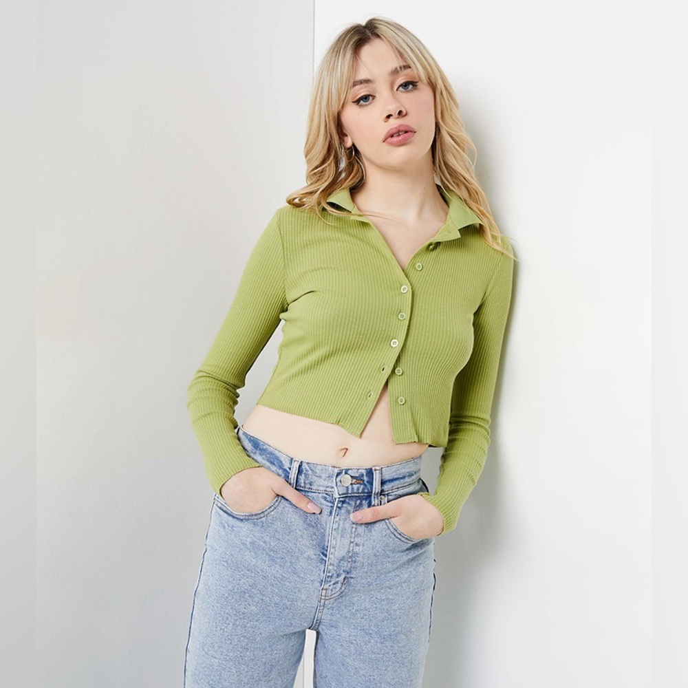 Love Always by FCT in Green Collared Ribbed Cropped Cardigan Sweater